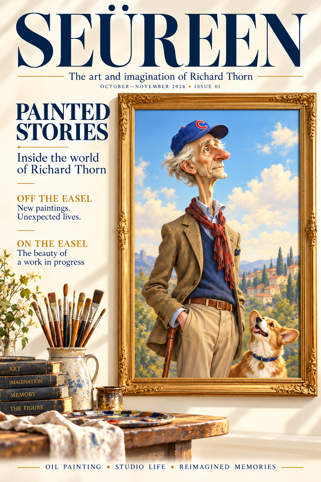 SEÜREEN magazine cover: The art and imagination of Richard Thorn. A whimsical man in a blue baseball cap beside a corgi, framed in gold.